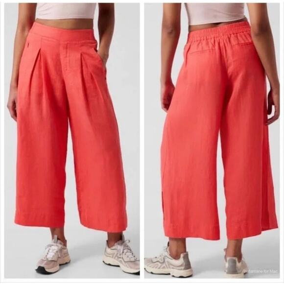 Athleta Pants Women 2 Coral Playa Linen Wide Leg Crop Slit Relaxed Casual Resort - Picture 1 of 13